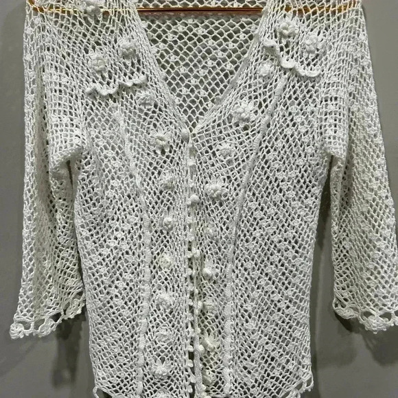 Y2K Design Assets Vintage  Crochet Linen-Cotton Cardigan Women's‎ Sz M - Picture 3 of 9
